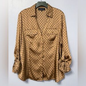 Jones New York Tan Polka Dot Blouse with roll up sleeve